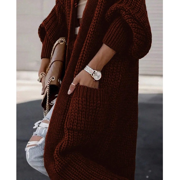 Plus Open Front Pockets Long Knit Cardigan - Picture 3 of 6
